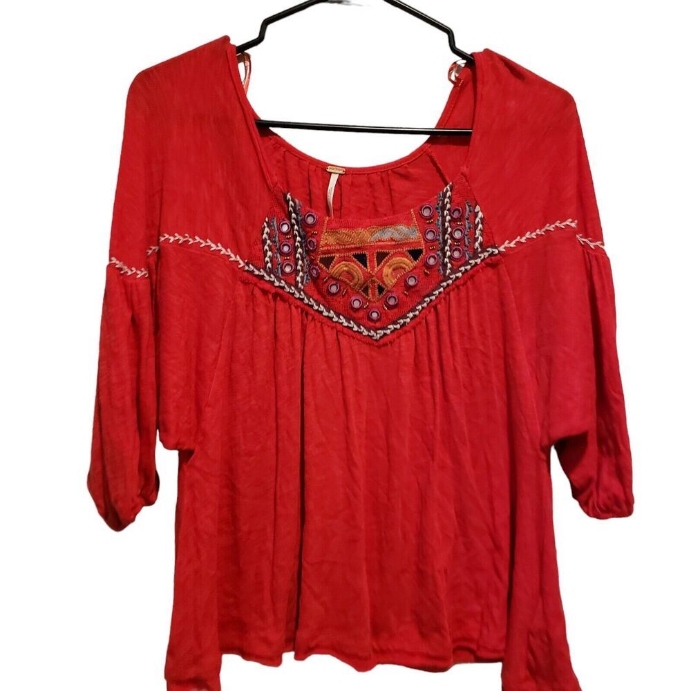 Free People Red Embroidered Boho Top Flowy Size XS